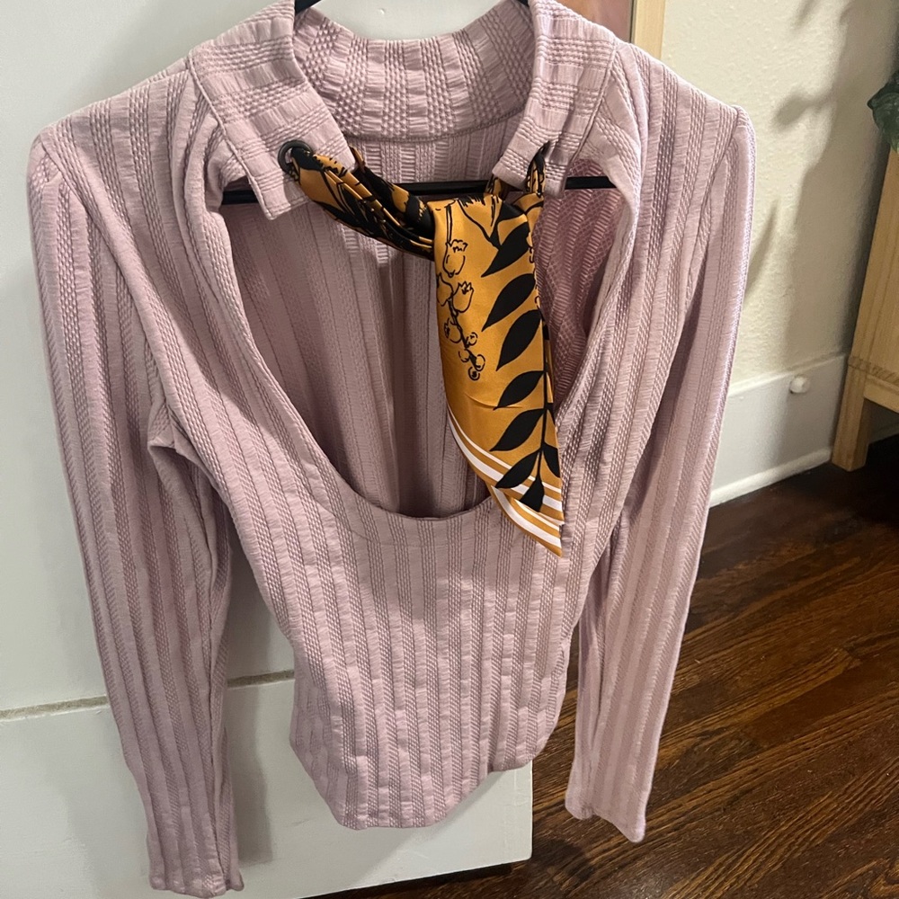 Free People Pink Long Sleeve Shirt with Tie Open Back, Mock Neck, Size Small